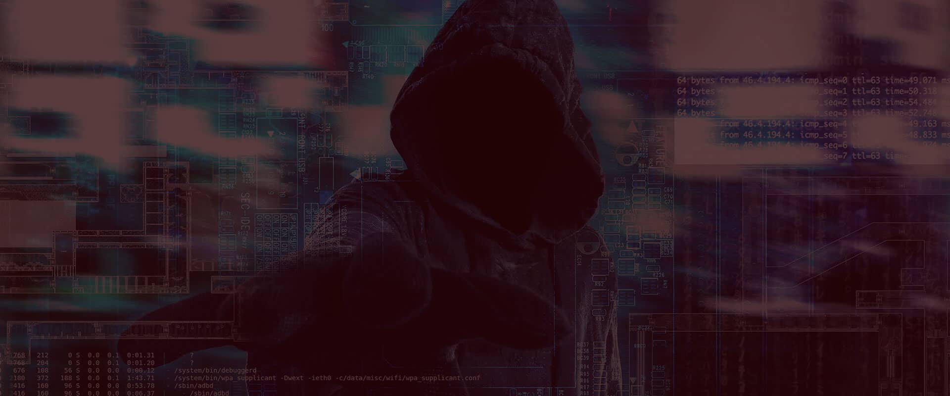 A hooded figure in shadow reaches forward amidst a dark, digital background filled with circuitry and computer code, evoking the enigmatic realm of cybersecurity services in Contra Costa County. The scene creates an ominous and mysterious atmosphere.