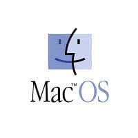 Logo of Mac OS featuring a simple blue square with a black outline of a smiling face, resembling a computer screen. Below the graphic, the text "Mac OS" is written with "Mac" in black and "OS" in lighter blue, reflecting its sleek integration with top-tier IT Services in Contra Costa County.