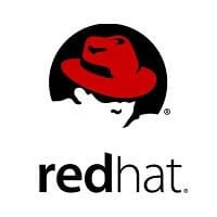 Logo of Red Hat featuring a silhouette of a person wearing a red fedora hat on a black circular background. Below the image, "red hat" is written in black lowercase letters, symbolizing trust and innovation across cloud services in Contra Costa County.