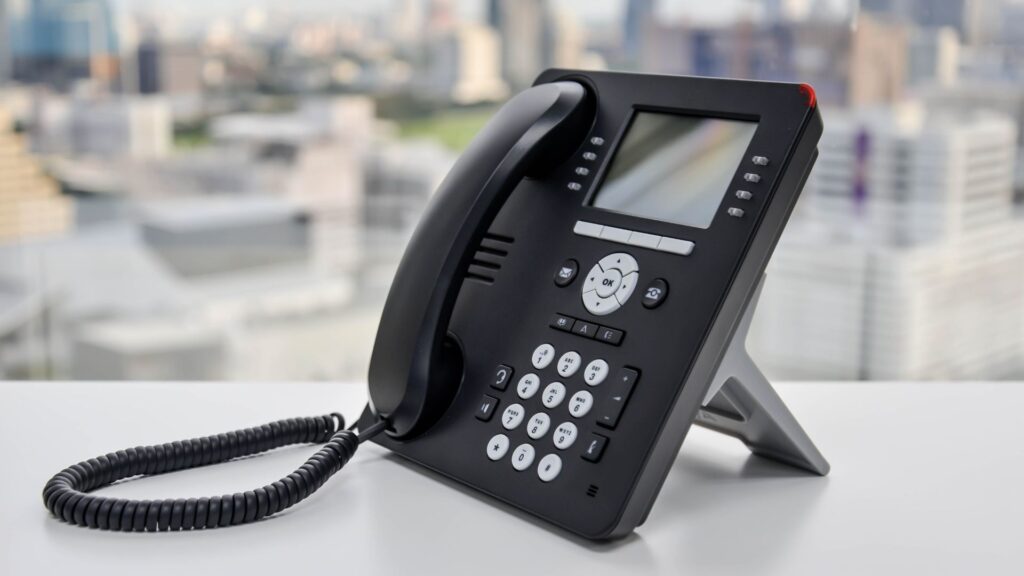 A black office phone with a digital display and keypad sits on a white desk, representing a hub of IT solutions in Contra Costa County. The handset is off the hook, and a coiled cord is visible. A blurred cityscape is seen through the window in the background.