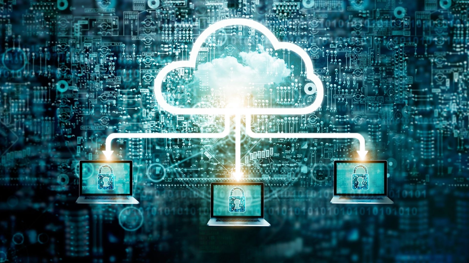 A digital illustration of cloud computing shows a cloud icon connected to three laptops. Each laptop displays a padlock, symbolizing cybersecurity services in Contra Costa County. The background features a circuit board pattern, emphasizing technology and data integration.