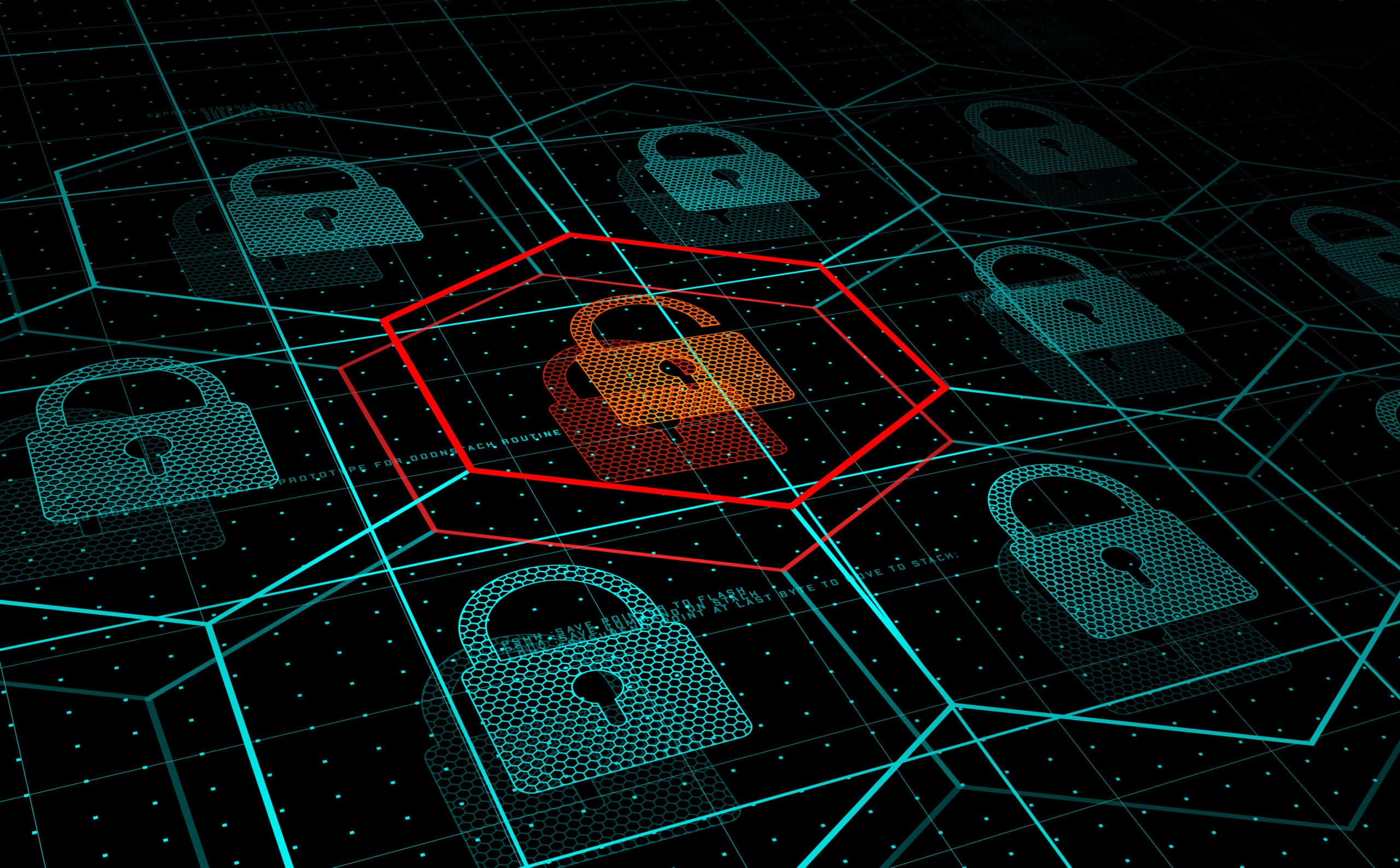 A digital illustration shows multiple padlock icons connected by a grid. Most padlocks are blue, but one in the center is orange and highlighted by a red hexagon, symbolizing a cybersecurity focus or breach.